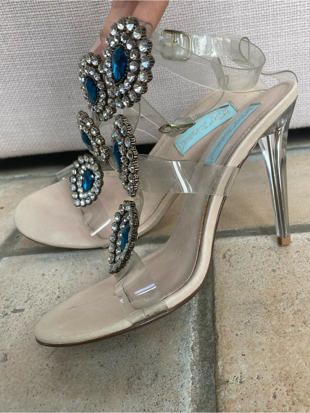 Betsey Johnson Clear Strap Heels with Blue Teardrop Rhinestones - Picture 4 of 12